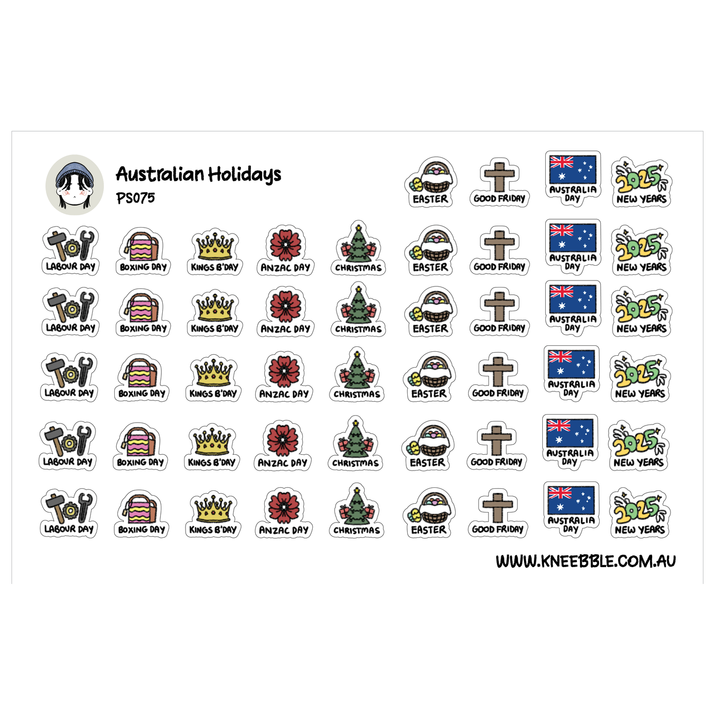 a collection of stickers depicting various Australian holidays and celebrations, including Boxing Day, Easter, Good Friday, Australia Day, New Years, and more.