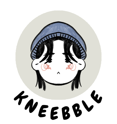 Kneebble logo featuring a hand drawn design of a cute girl with a beanie.