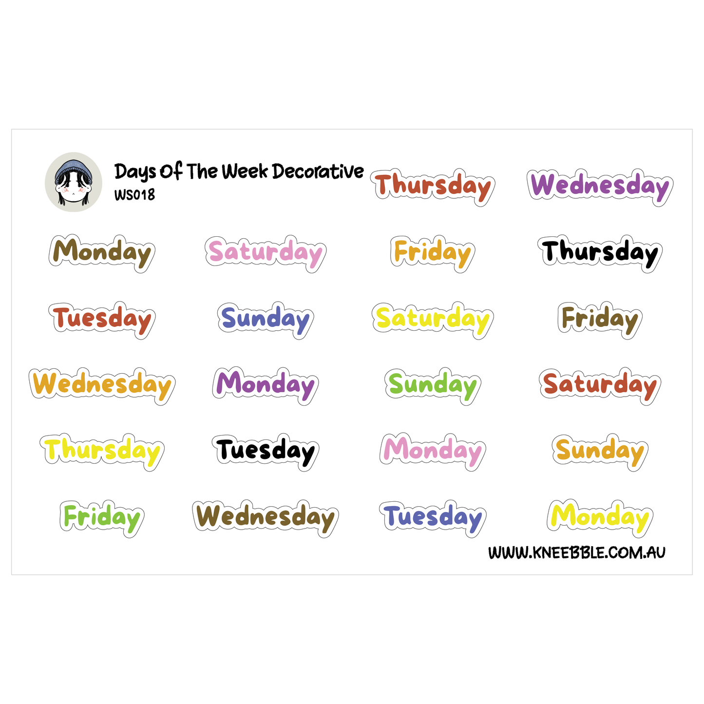 Days Of The Week Planner Stickers - Text Decorative Style