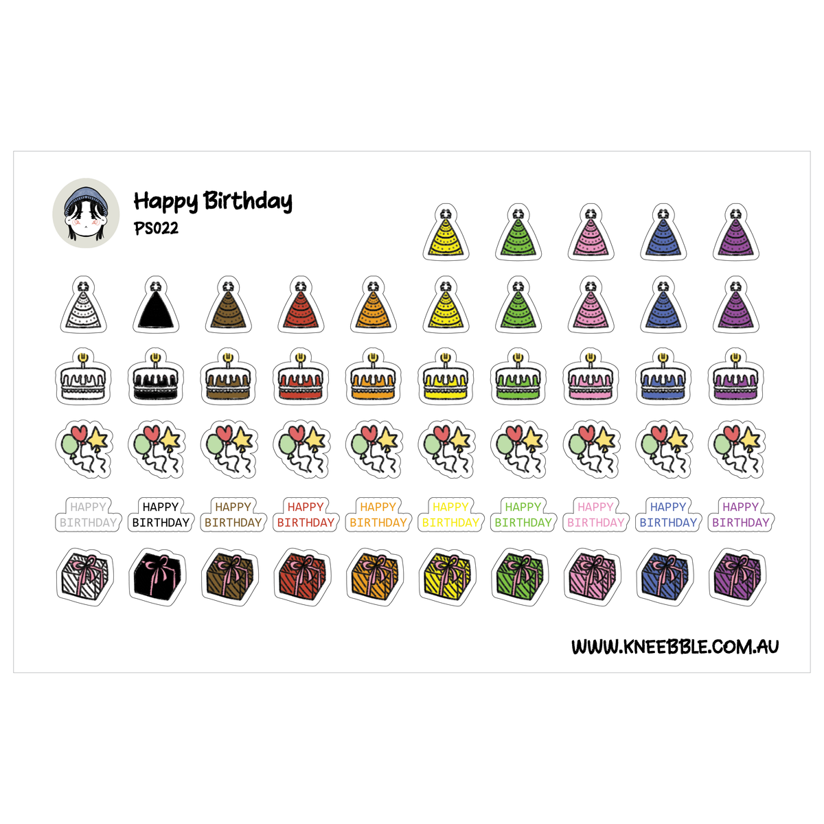 Happy Birthday sticker sheet featuring colourful party hats, candle-topped cakes, shaped balloons, birthday text and gifts.