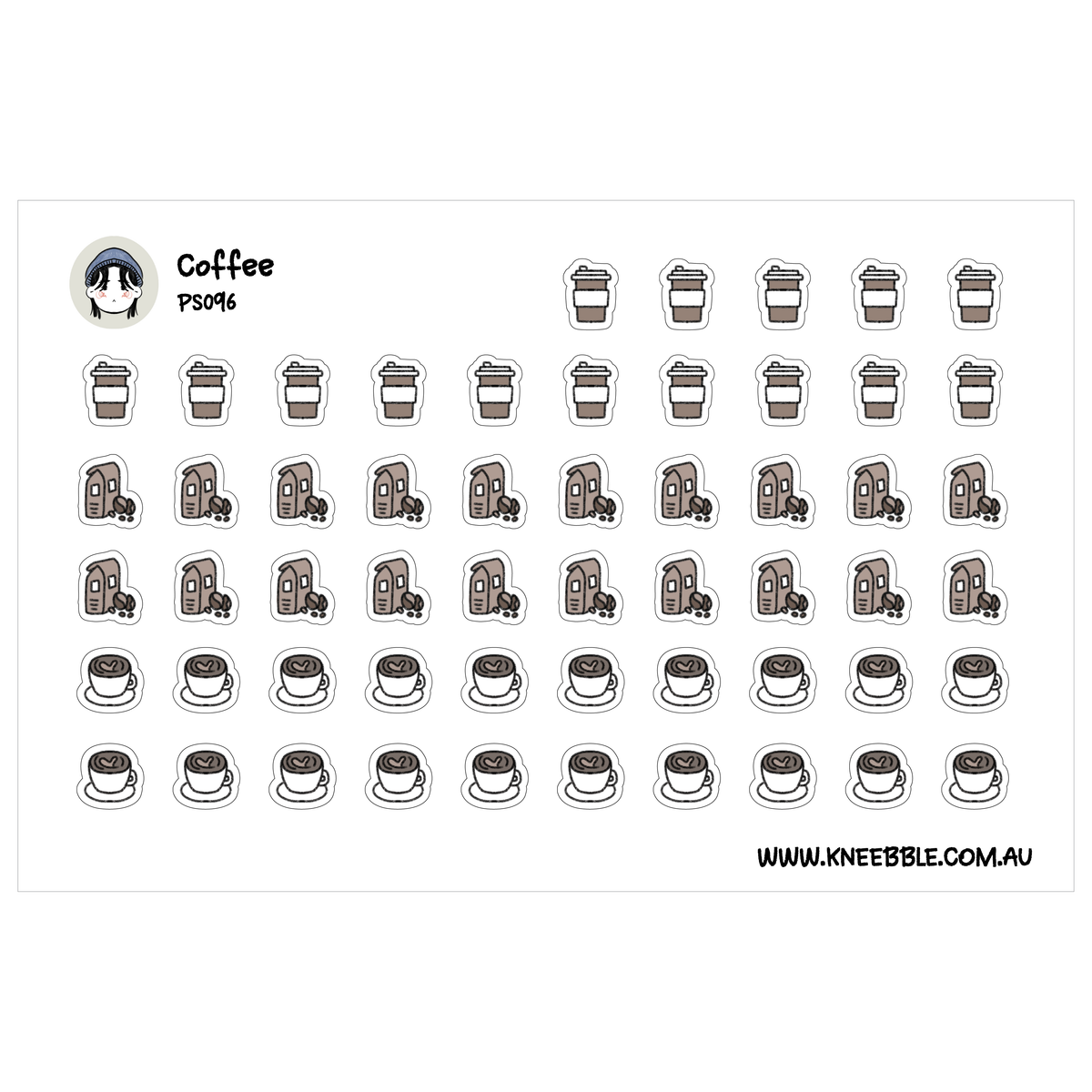 Coffee sticker sheet featuring takeaway cups, coffee bean bags and white cups with heart-shaped latte art.
