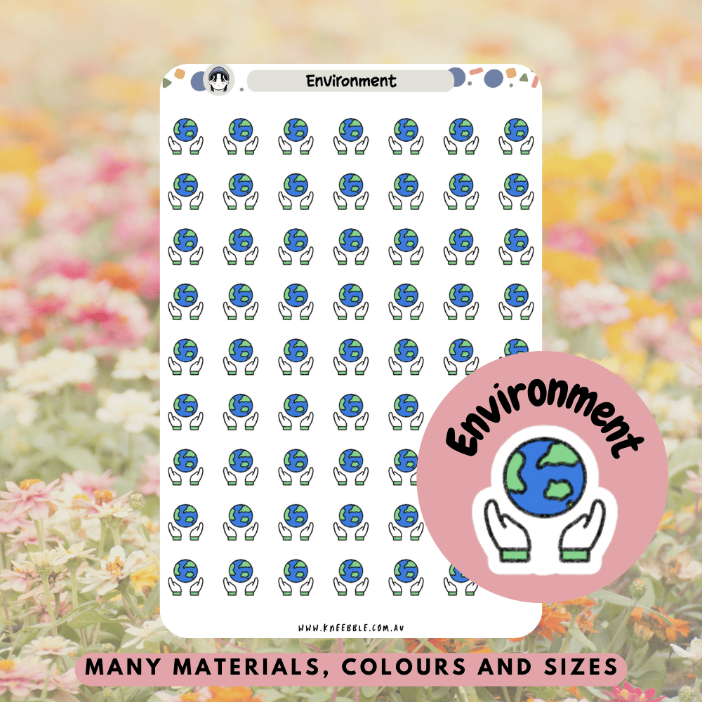 Sustainability-themed stickers perfect for marking Earth Day, clean-up events, or low-waste goals.