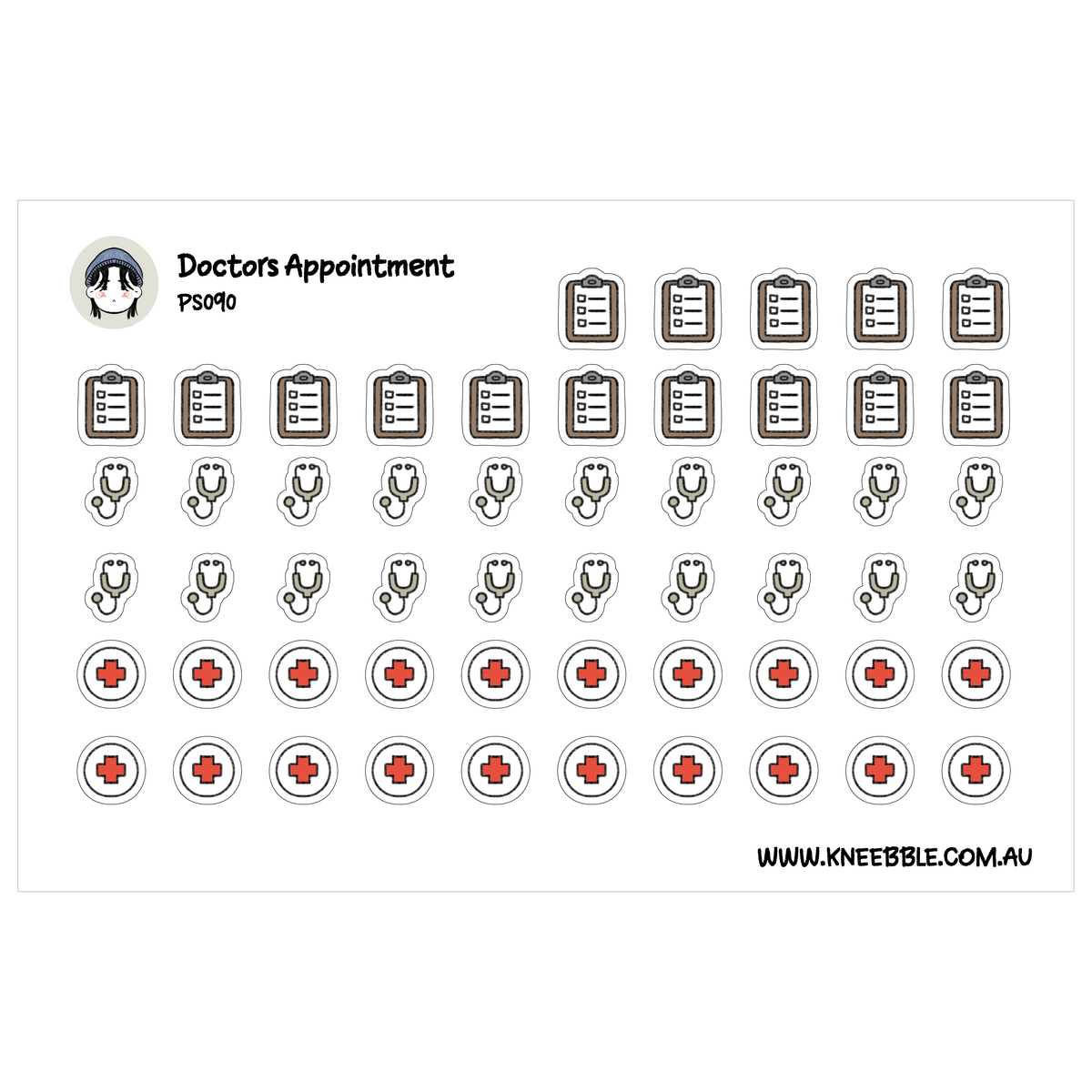 Doctor appointment sticker sheet featuring checklist clipboards, grey stethoscopes and red medical cross symbols.
