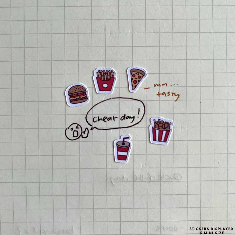 Fun fast food-themed planner stickers featuring pizza, burgers, fried chicken, chips, and soft drinks. Perfect for marking meal plans, takeout days, or fun food-related events in planners and journals. Great for foodies, casual eaters, and anyone who enjoys adding a playful, appetizing touch to their daily planning.