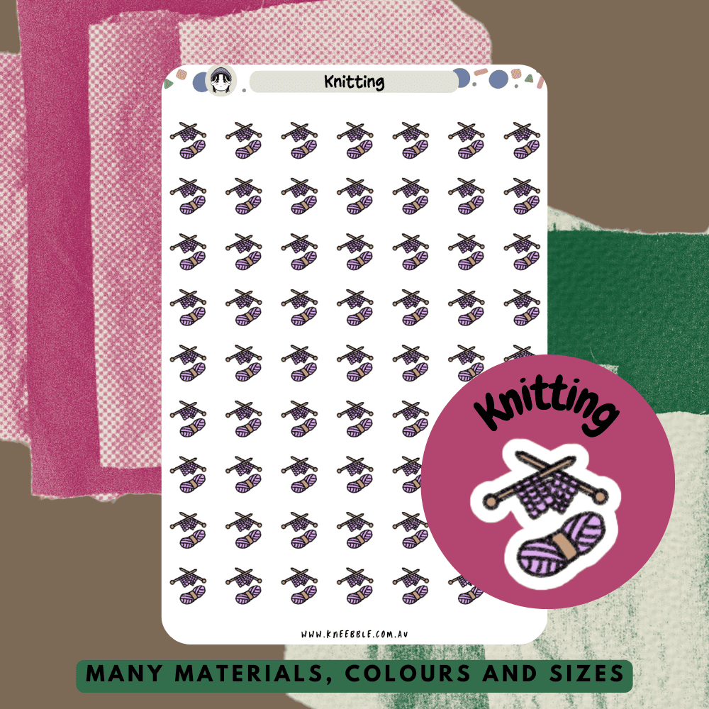 Planner stickers featuring yarn balls, knitting needles, and cozy designs, perfect for tracking knitting projects and crafting sessions.