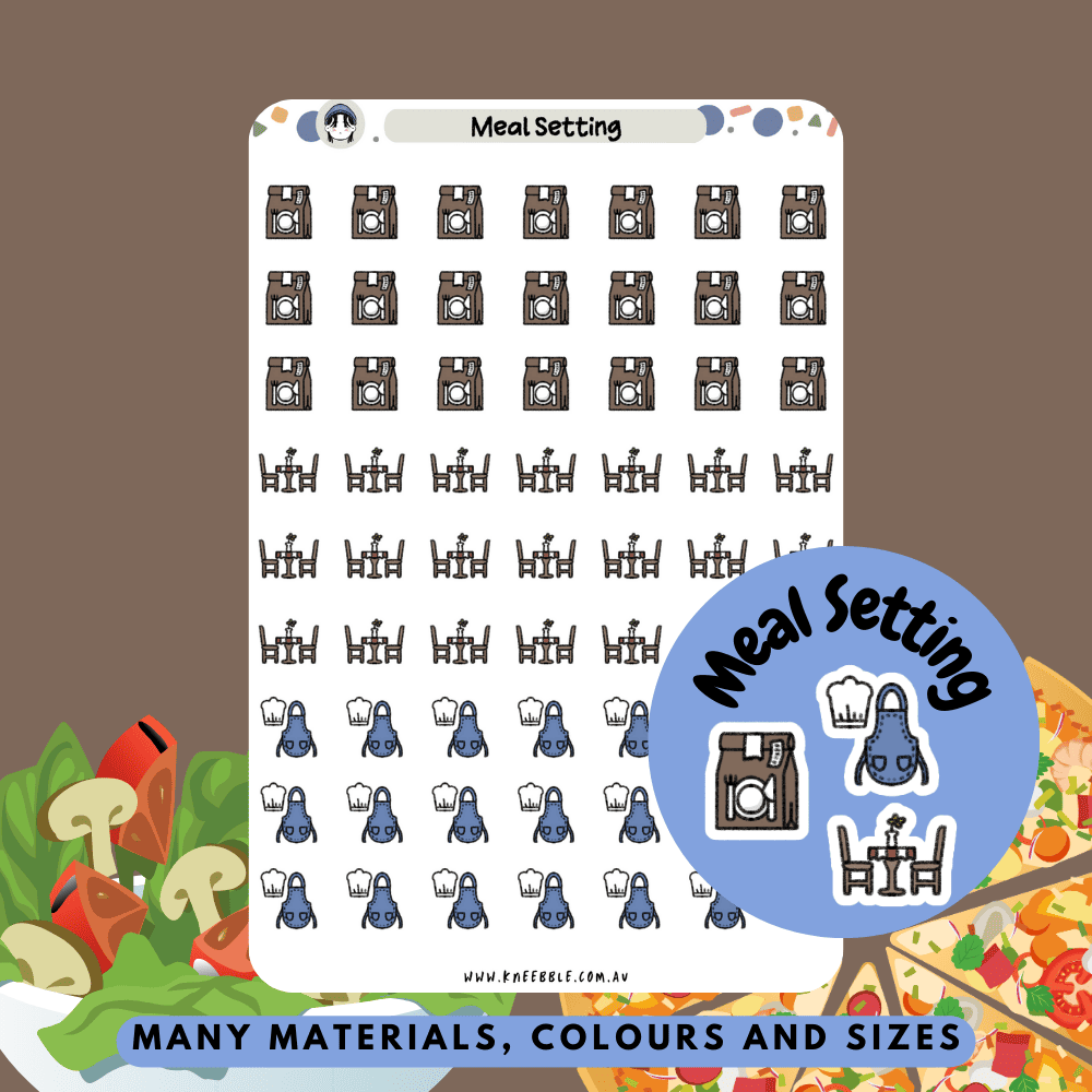 Functional meal setting schedule planner stickers featuring table settings and meal organization icons. Perfect for scheduling weekly meals, planning dining events, or organizing cooking routines in planners, journals, or calendars.