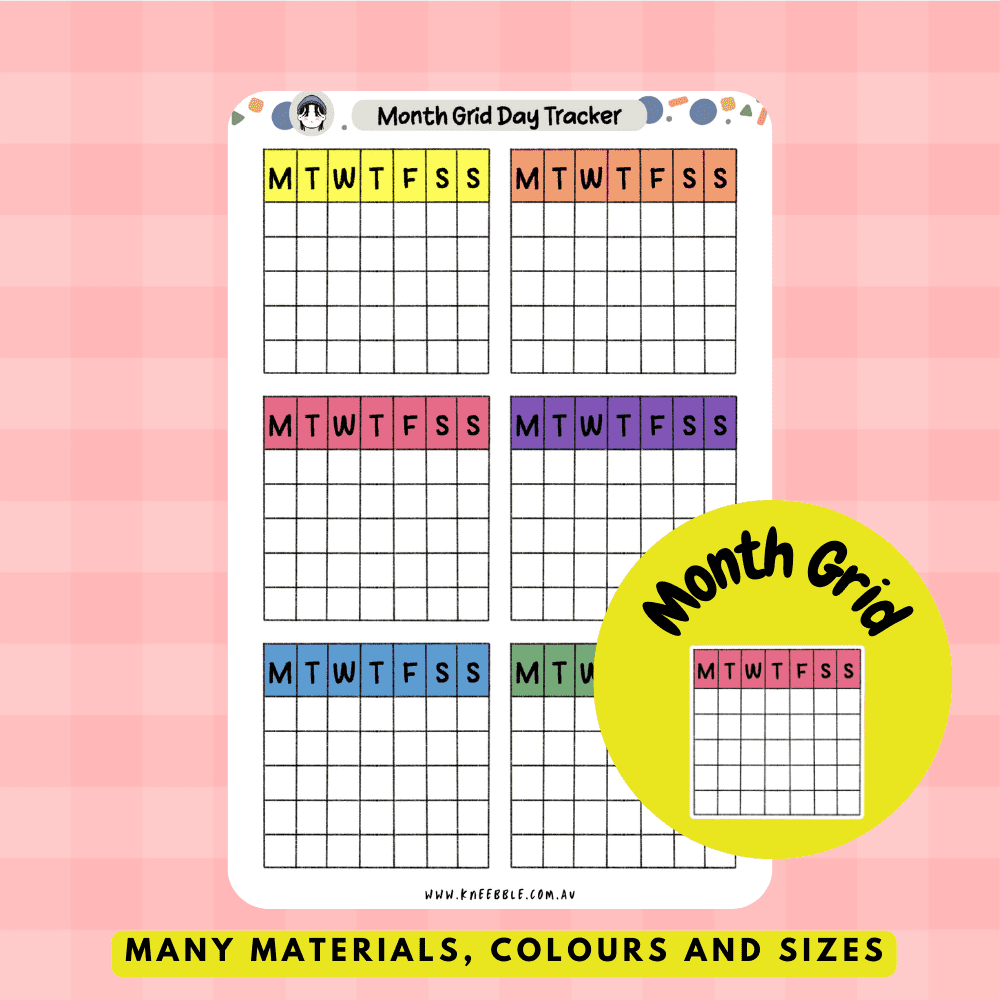 Stickers featuring a grid layout for monthly planning, perfect for organizing events, appointments, and tasks in planners or journals, offering a clear visual overview of the month.