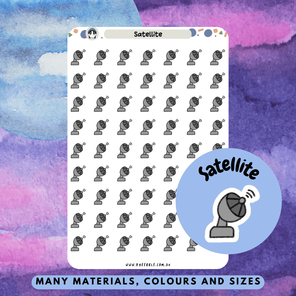Satellite planner stickers designed for decorating planners, marking events, or adding a futuristic space theme to journals and scrapbooks. These stickers are durable and easy to use, perfect for space enthusiasts and those who enjoy creating unique, organized layouts.