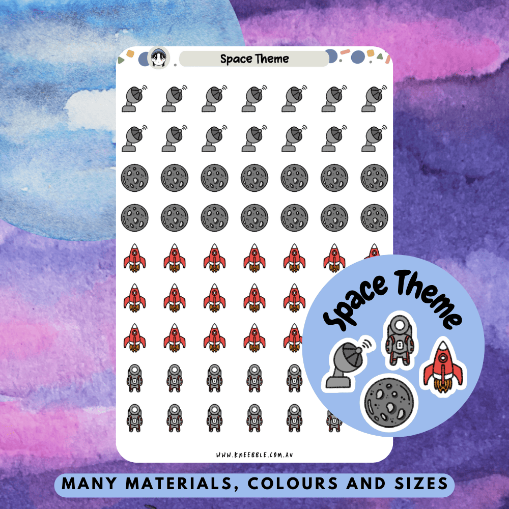 Space-themed planner stickers featuring a space suit, rocket, moon, and satellite. Perfect for decorating planners, journals, or scrapbooks with a celestial touch. Ideal for space lovers and creative organizing.