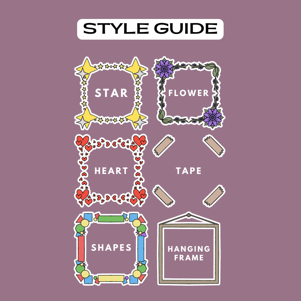 Style guide frame border stickers that are included - star, flower, heart, tape, shapes and hanging frame sticker design.