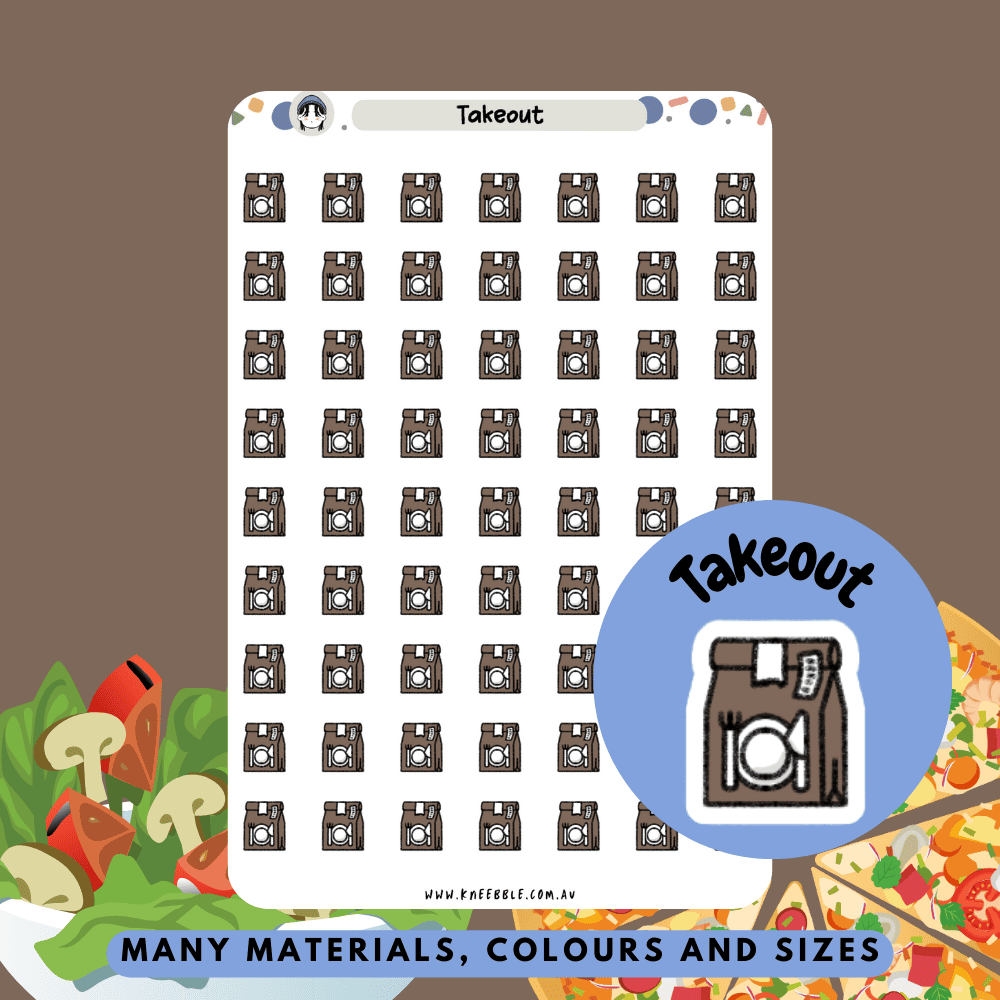 Fun and practical takeout food planner stickers featuring icons of takeout lunches, fast food, and delivery bags. Perfect for marking meal delivery days, quick dinners, or treat-yourself moments in planners, journals, or calendars.