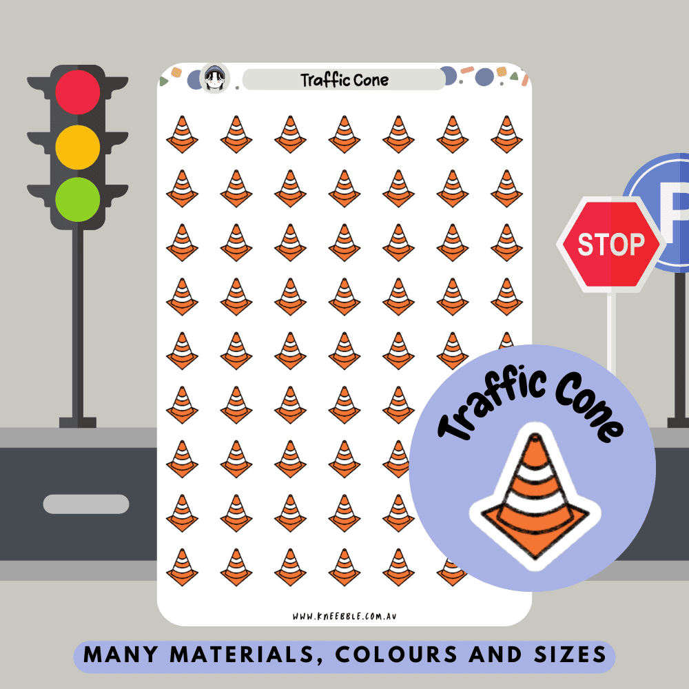 A set of fun and creative planner stickers featuring traffic cone designs, perfect for tracking driving lessons, road safety reminders, or construction-themed events. These stickers are ideal for driving students, planners, and journal enthusiasts who want to add a playful touch to their organization. Great for use in planners, bullet journals, or calendars.