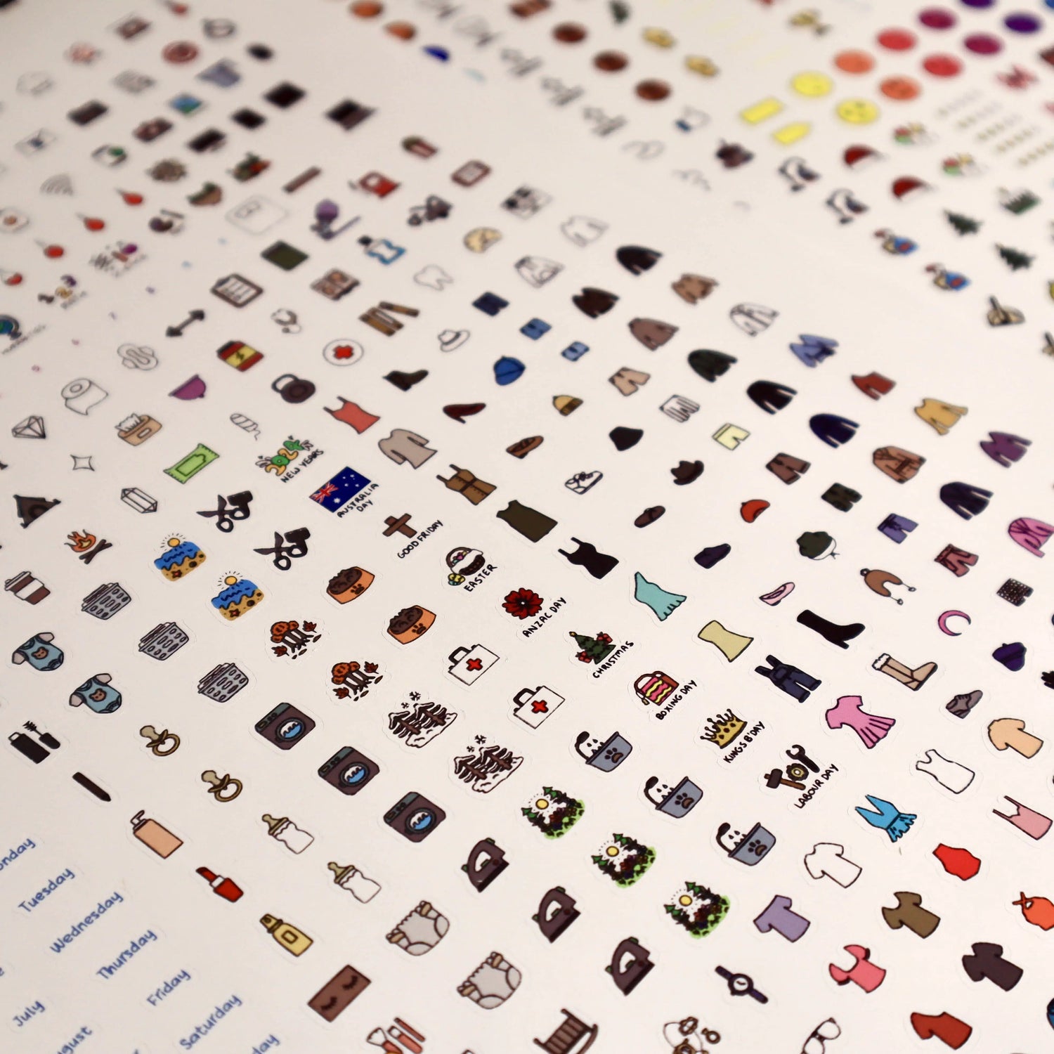 An array of planner sticker sheets consisting of different hand drawn icons.