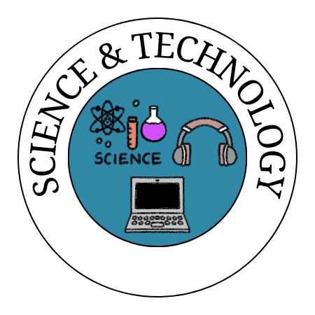 Science and technology collection featuring class subjects, headphones and laptop icons.