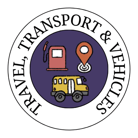 Travel, transport and vehicles collection featuring fuel, maps and bus icons.