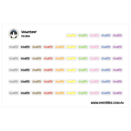 a grid of colorful stickers with the word "Volunteer" written on them. The stickers are arranged in rows and columns, and they are all the same color. The image does not contain any text that can be described in more detail, and it does not include any additional information about the stickers or their context.