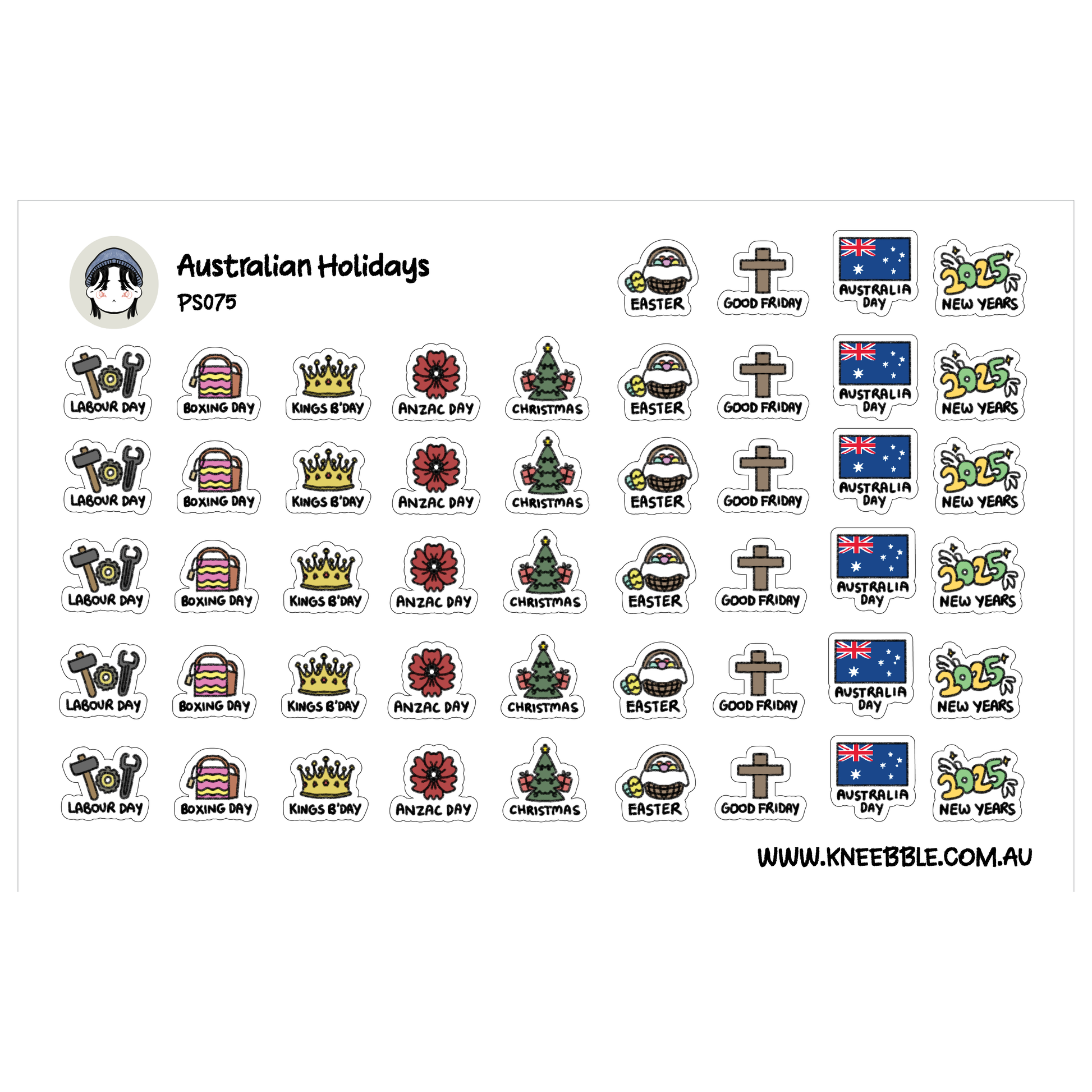 a collection of stickers depicting various Australian holidays and celebrations, including Boxing Day, Easter, Good Friday, Australia Day, New Years, and more.