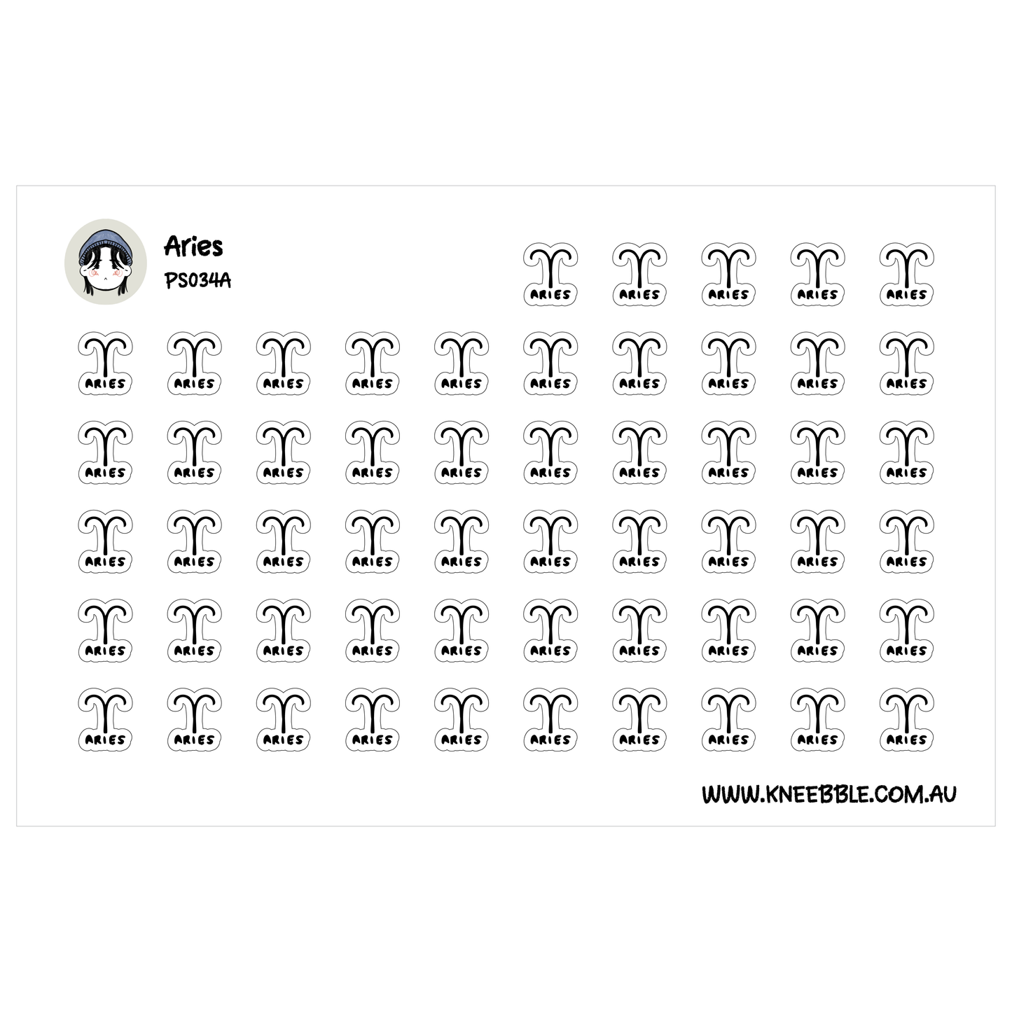 a grid of black and white stickers with the word "Aries" printed on them.