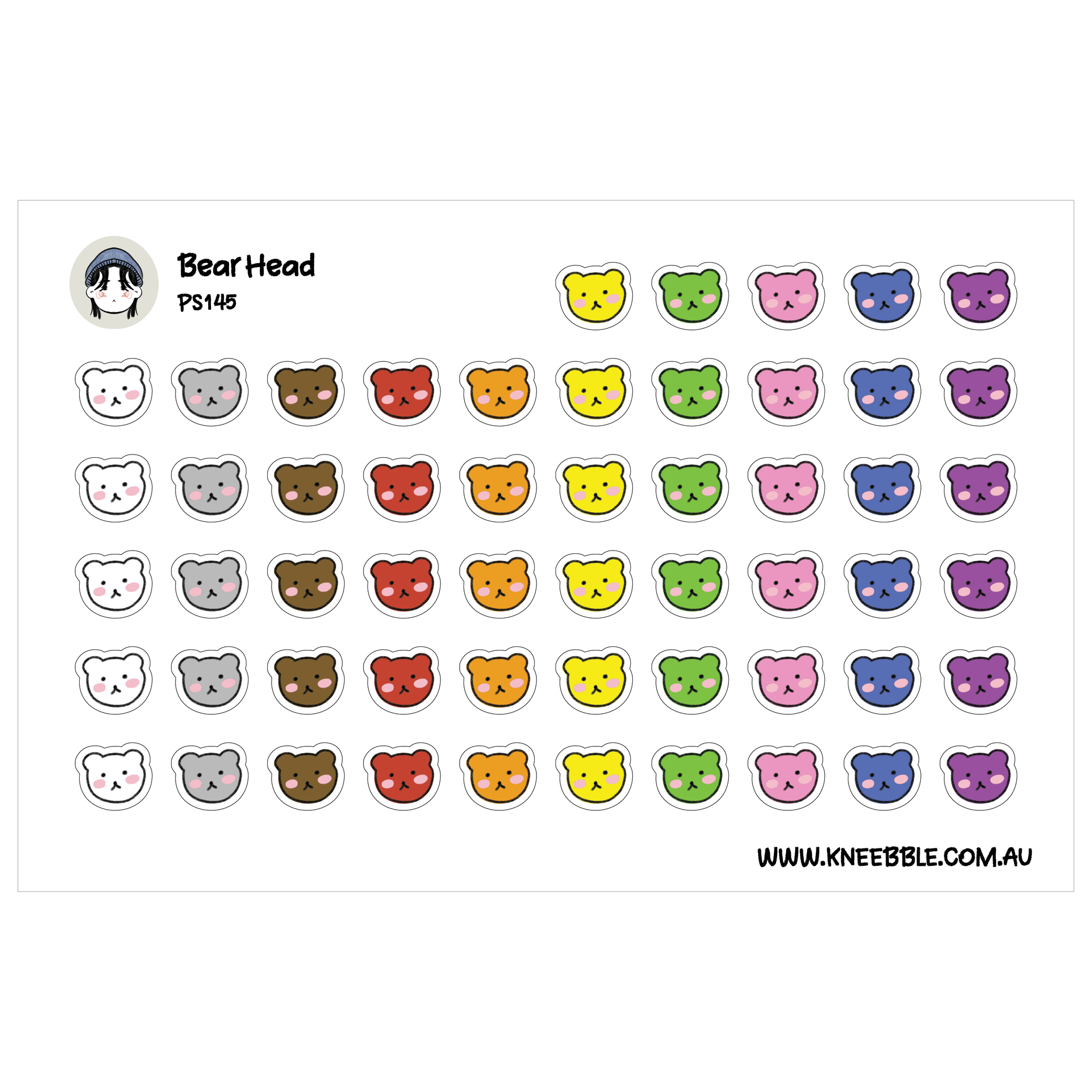 a grid of various colored bear stickers, including gray, brown, orange, yellow, green, pink, and purple.