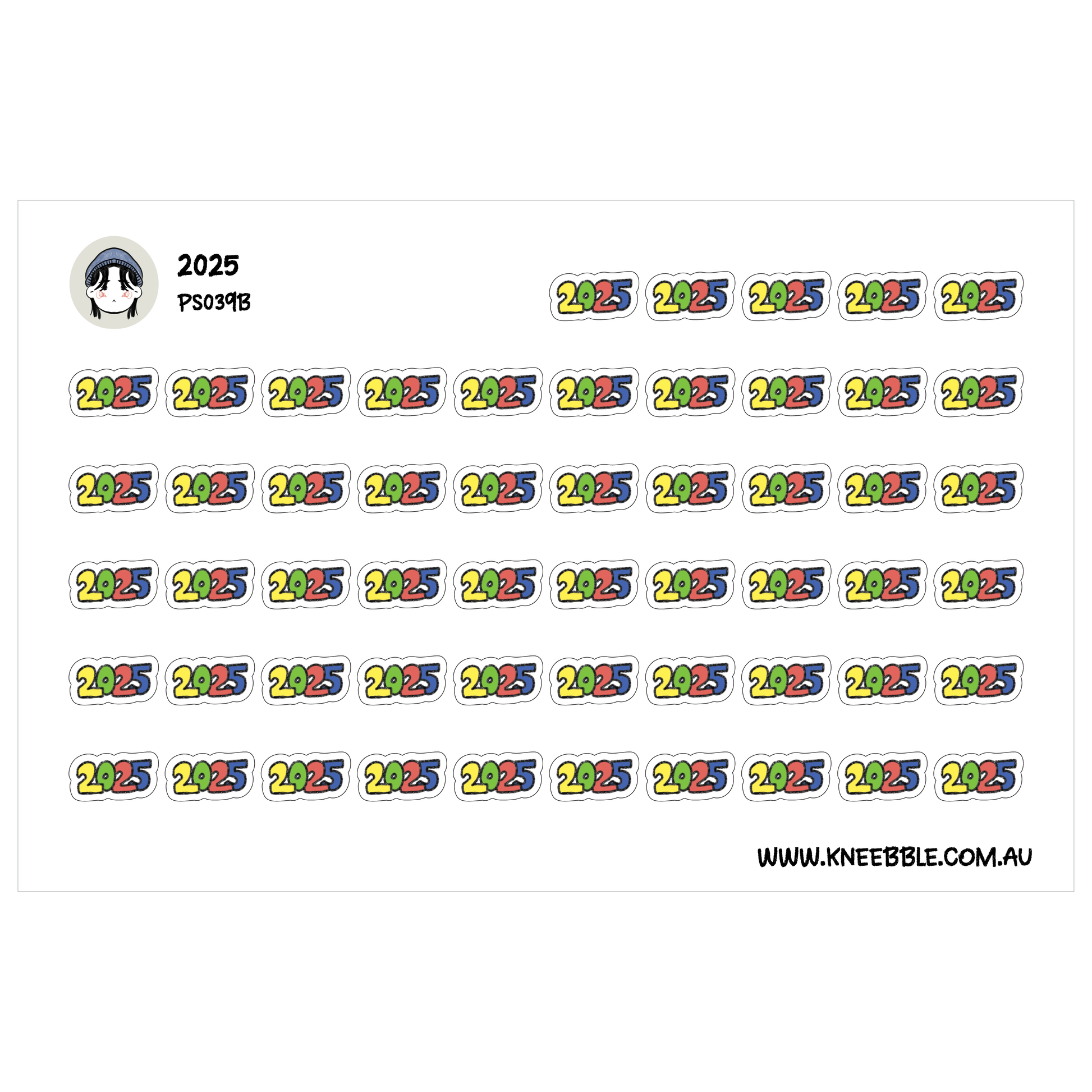 a grid of colorful stickers with the year "2025" printed on them.