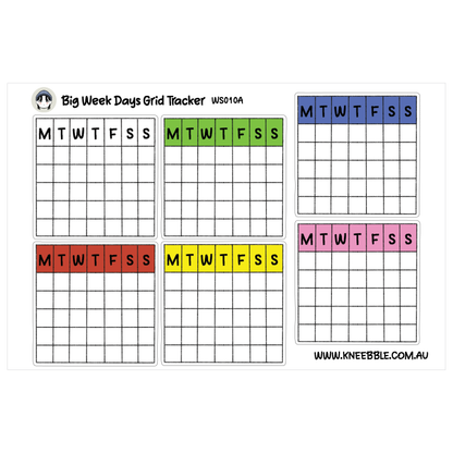 The image is a grid of six blank grid trackers, each with a different color and the days of the week written in various colors.