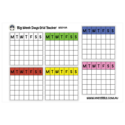 The image is a grid of six blank grid trackers, each with a different color and the days of the week written in various colors.