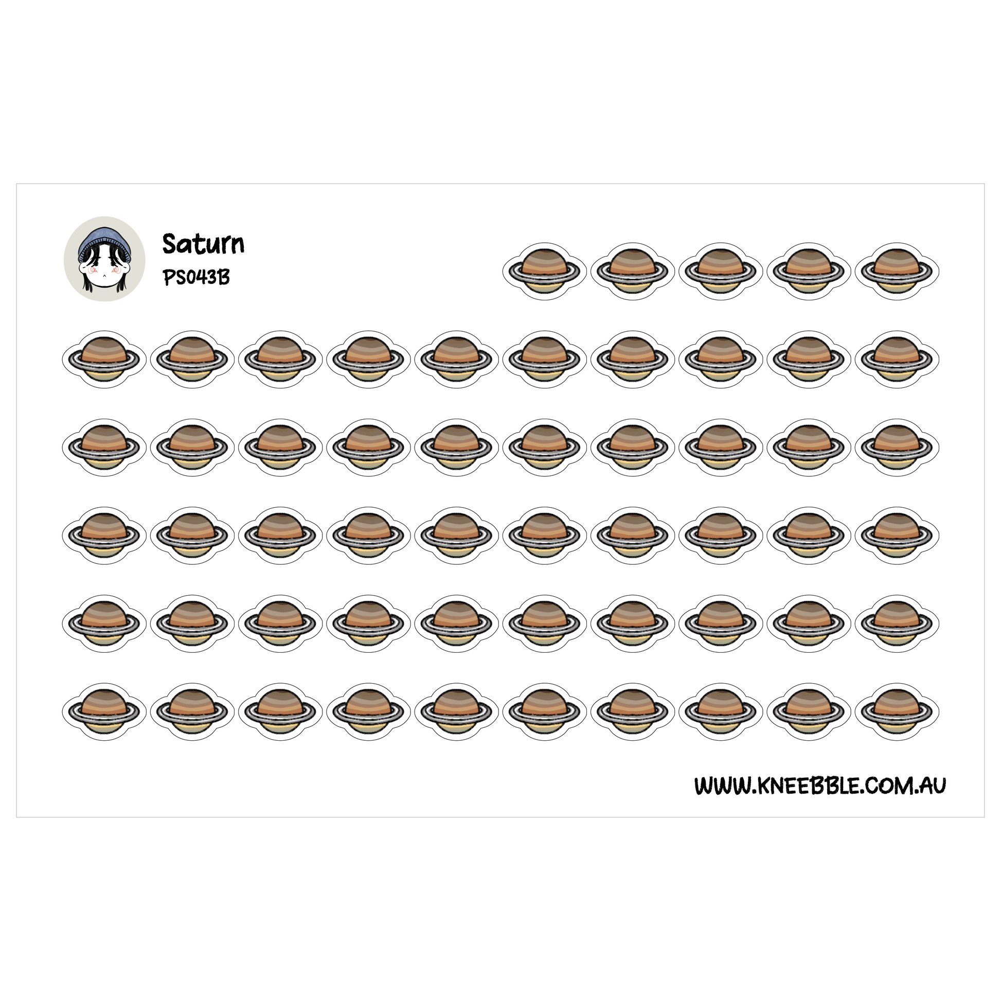 a grid of small circular stickers, each depicting a brown planet with a white outline. The stickers are arranged in rows and columns, creating a visually organized and repetitive pattern.