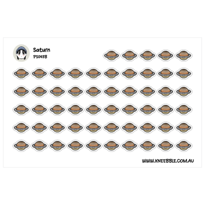 a grid of small circular stickers, each depicting a brown planet with a white outline. The stickers are arranged in rows and columns, creating a visually organized and repetitive pattern.