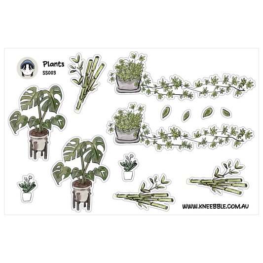 various plant illustrations, including potted plants, vines, and leaves, as well as some plant cutouts.