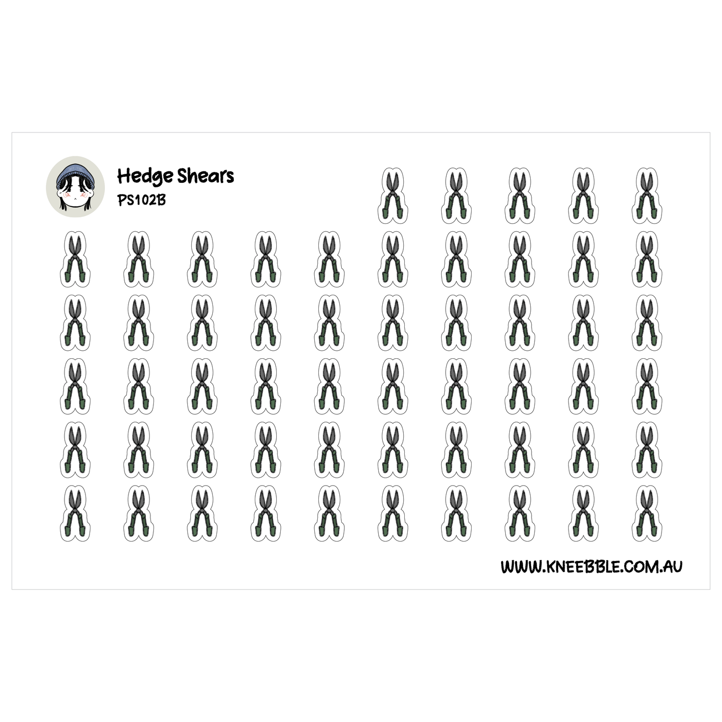 a grid of small black and white stickers, each depicting a pair of scissors. The stickers are arranged in rows and columns, creating a visually organized and repetitive pattern.