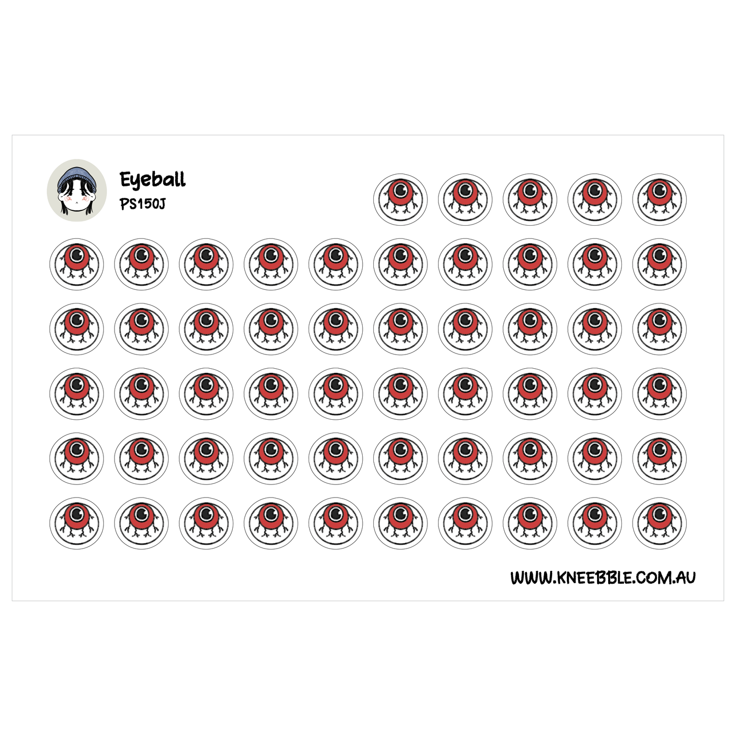 a grid of identical red and white circles, each containing a single red eye. The circles are arranged in a repeating pattern, creating a visually striking and symmetrical design.
