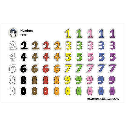 a collection of colorful stickers representing numbers from 1 to 9, arranged in a grid-like pattern.