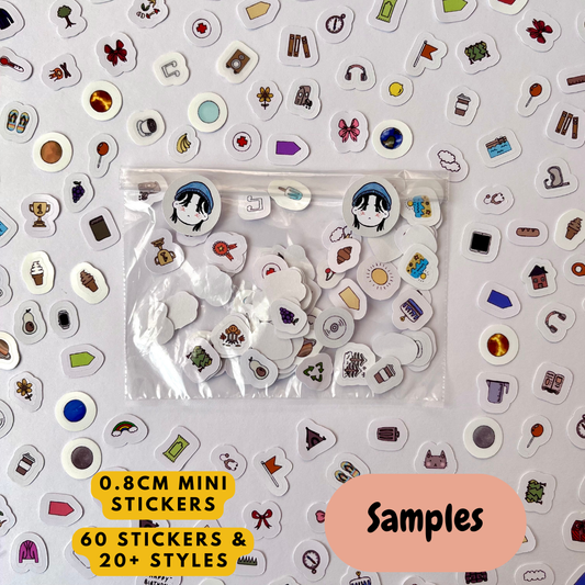 a collection of colorful stickers, including various shapes, objects, and characters, arranged on a white background.