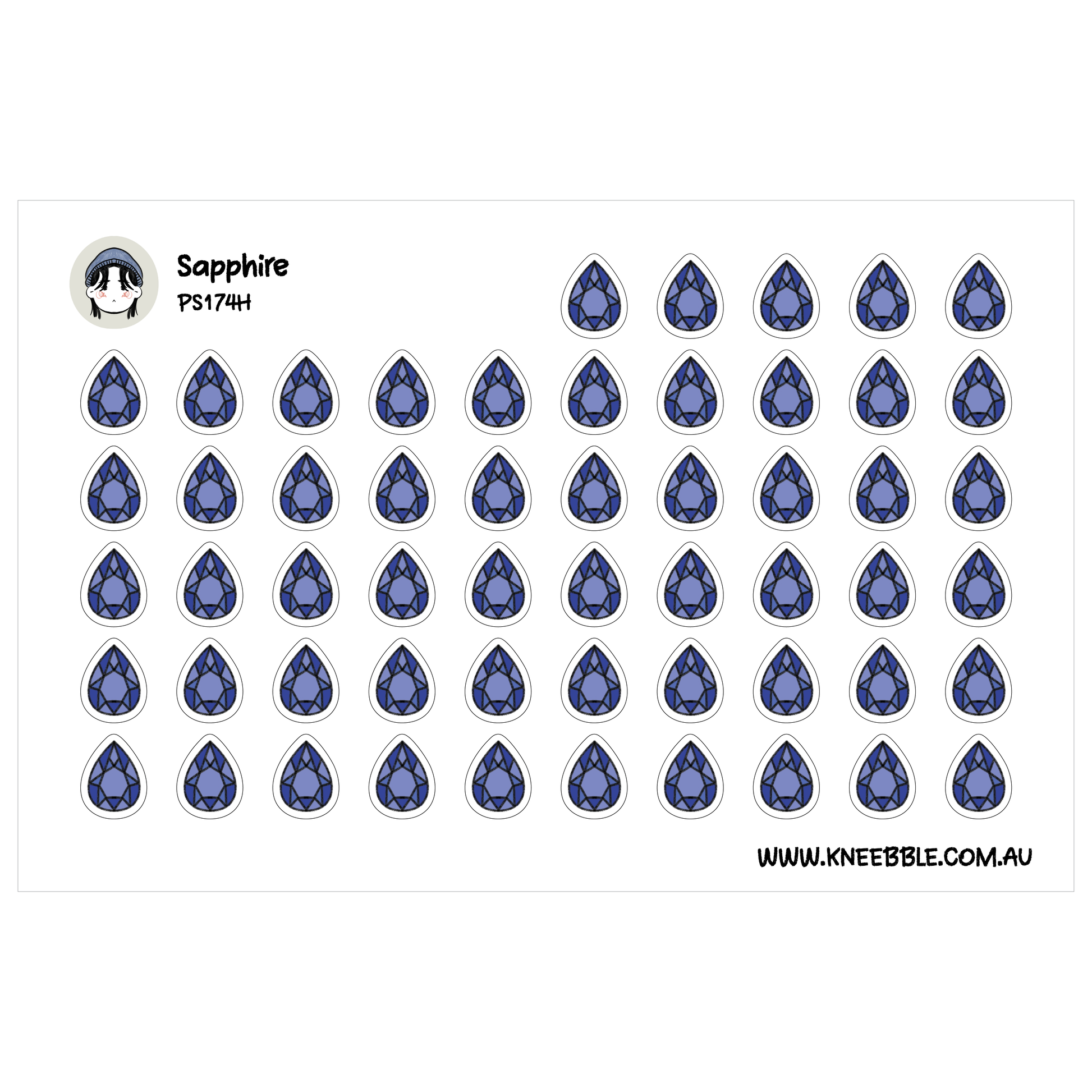 a grid of blue gemstone-like shapes, resembling raindrops or teardrops, arranged in rows and columns.