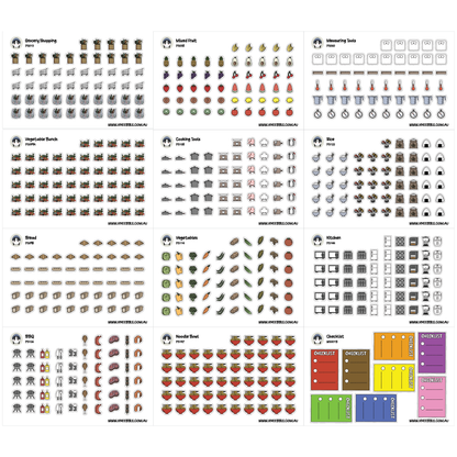 a collection of various icons and illustrations, including icons for grocery shopping, mixed fruit, cooking tools, and other household items. The icons are organized into different sections, such as "Grocery Shopping", "Mixed Fruit", "Cooking Tools", and "Vegetables". The icons are presented in a grid format, with each section containing multiple icons. The image does not contain any text, and the icons are not described in detail.