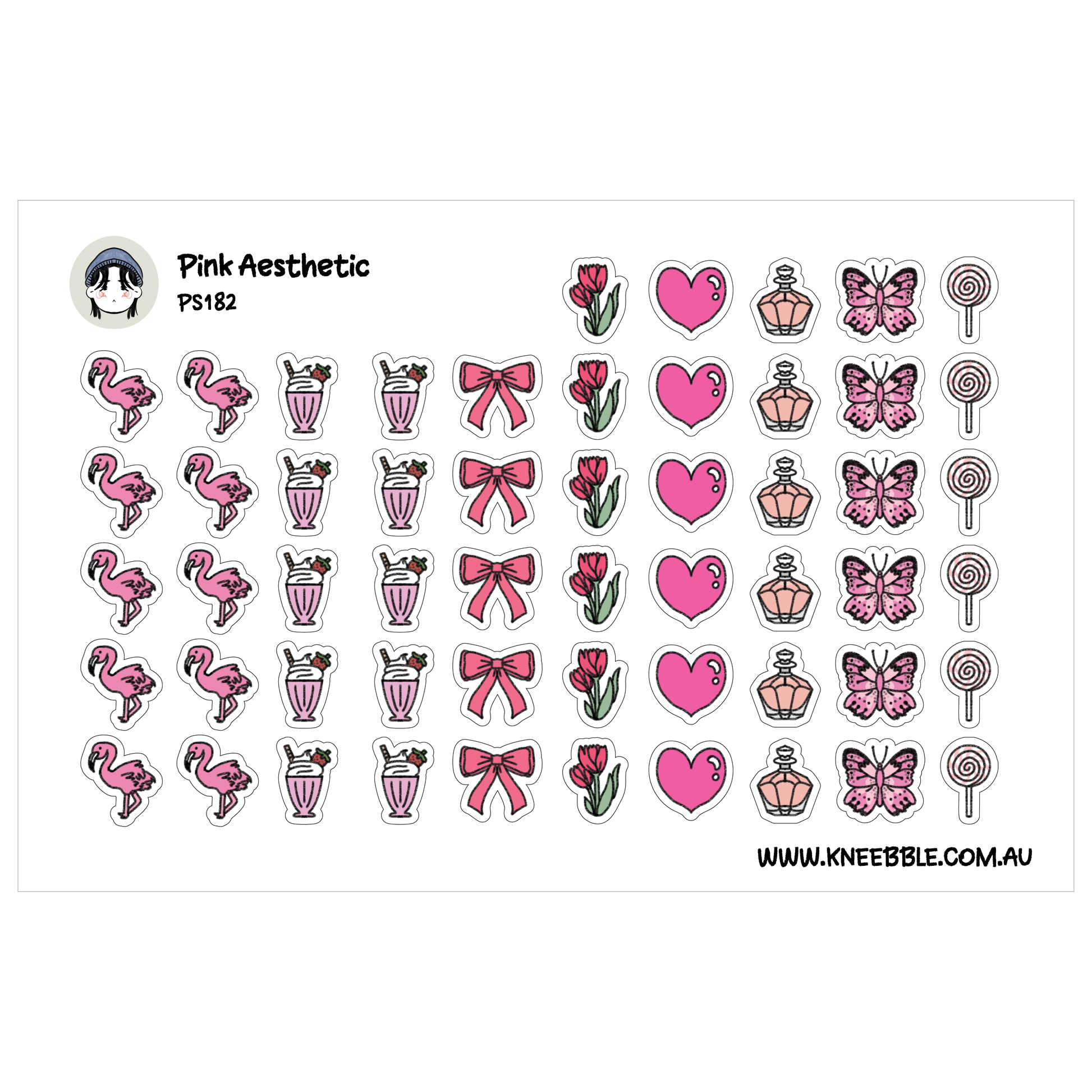 a collection of various pink-themed stickers, including hearts, flowers, lollipops, and other decorative elements.