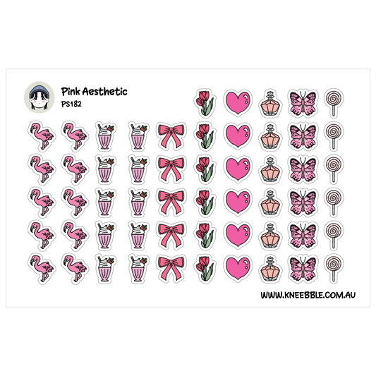a collection of various pink-themed stickers, including hearts, flowers, lollipops, and other decorative elements.