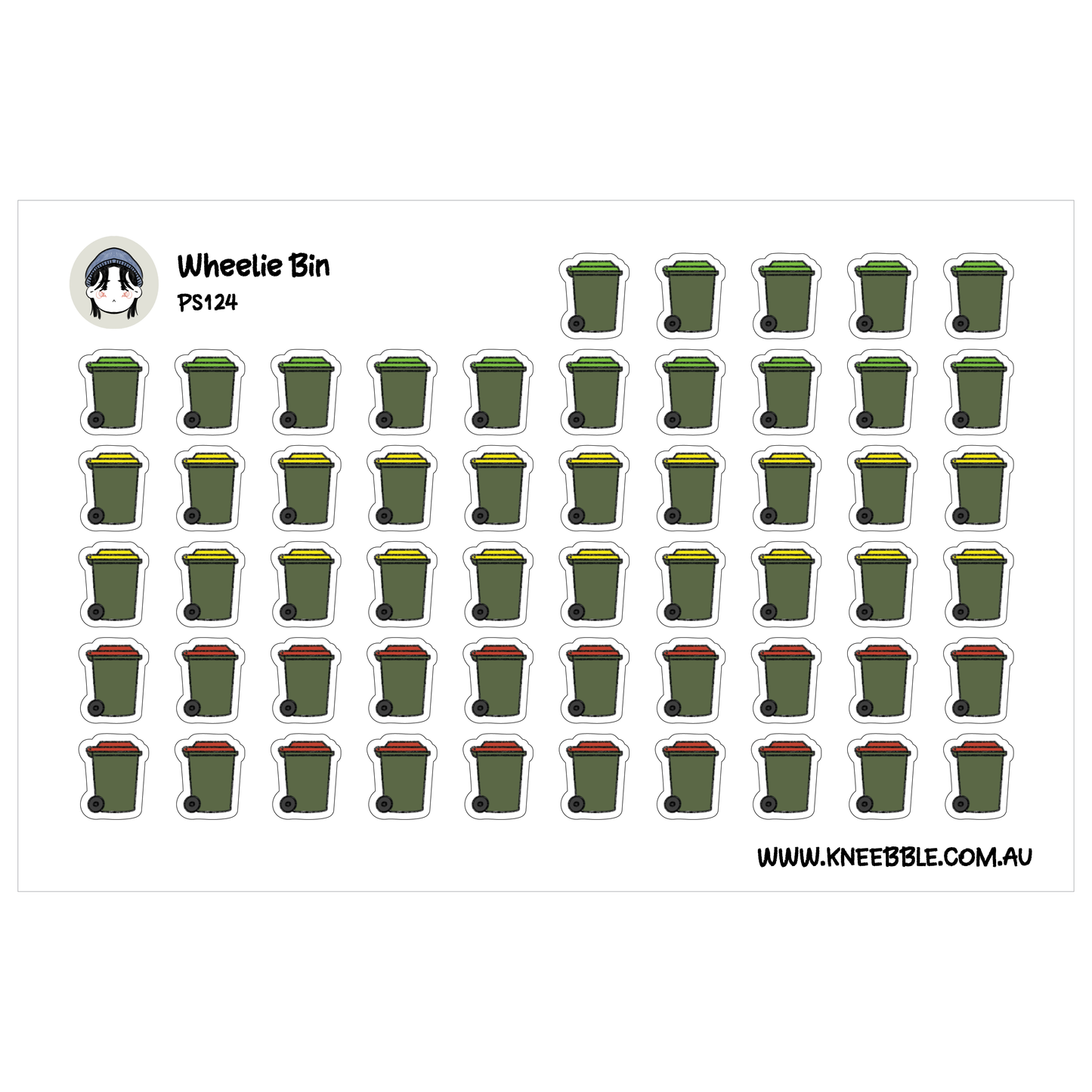 a grid of green trash cans with red and yellow lids, arranged in a visually pleasing pattern.