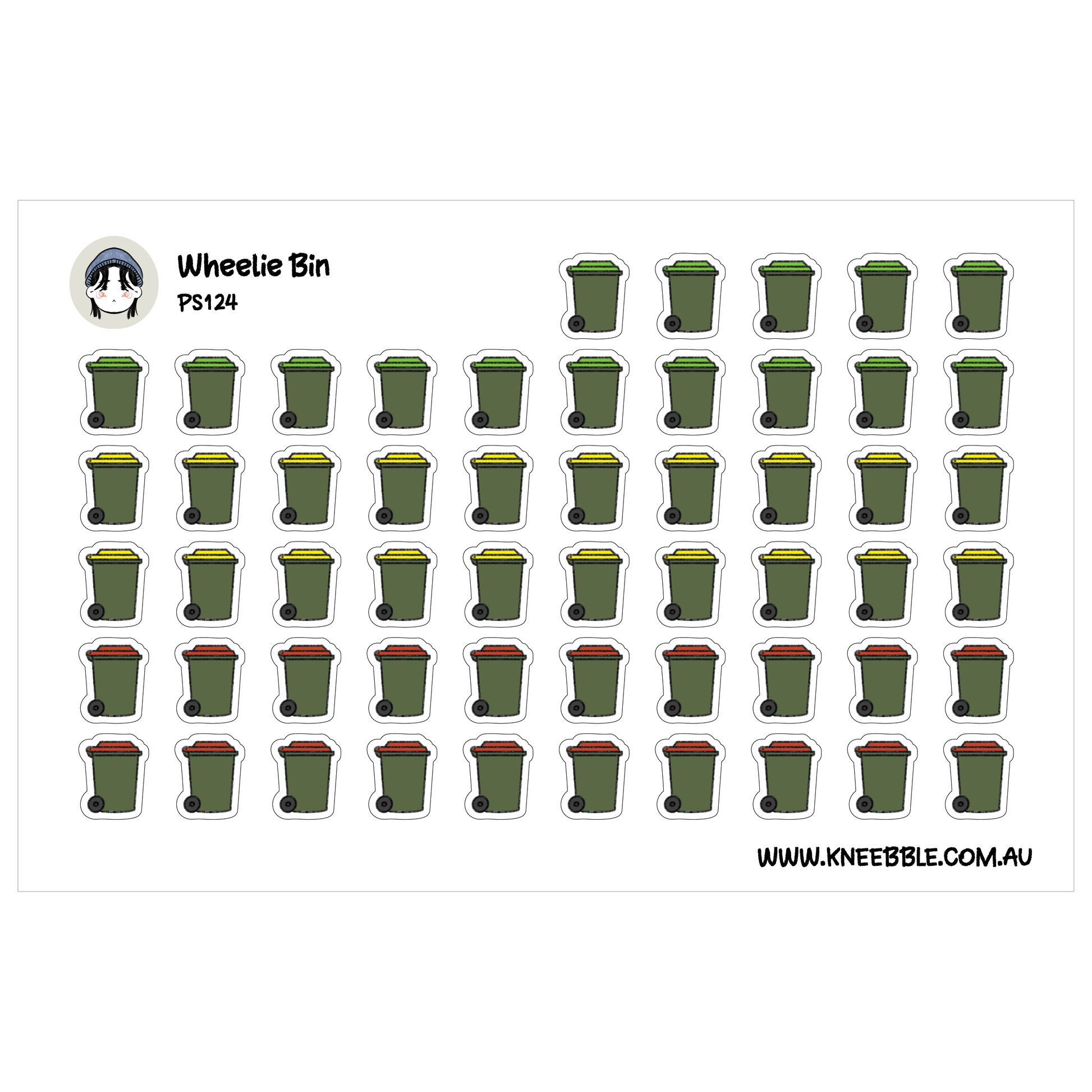 a grid of green trash cans with red and yellow lids, arranged in a visually pleasing pattern.