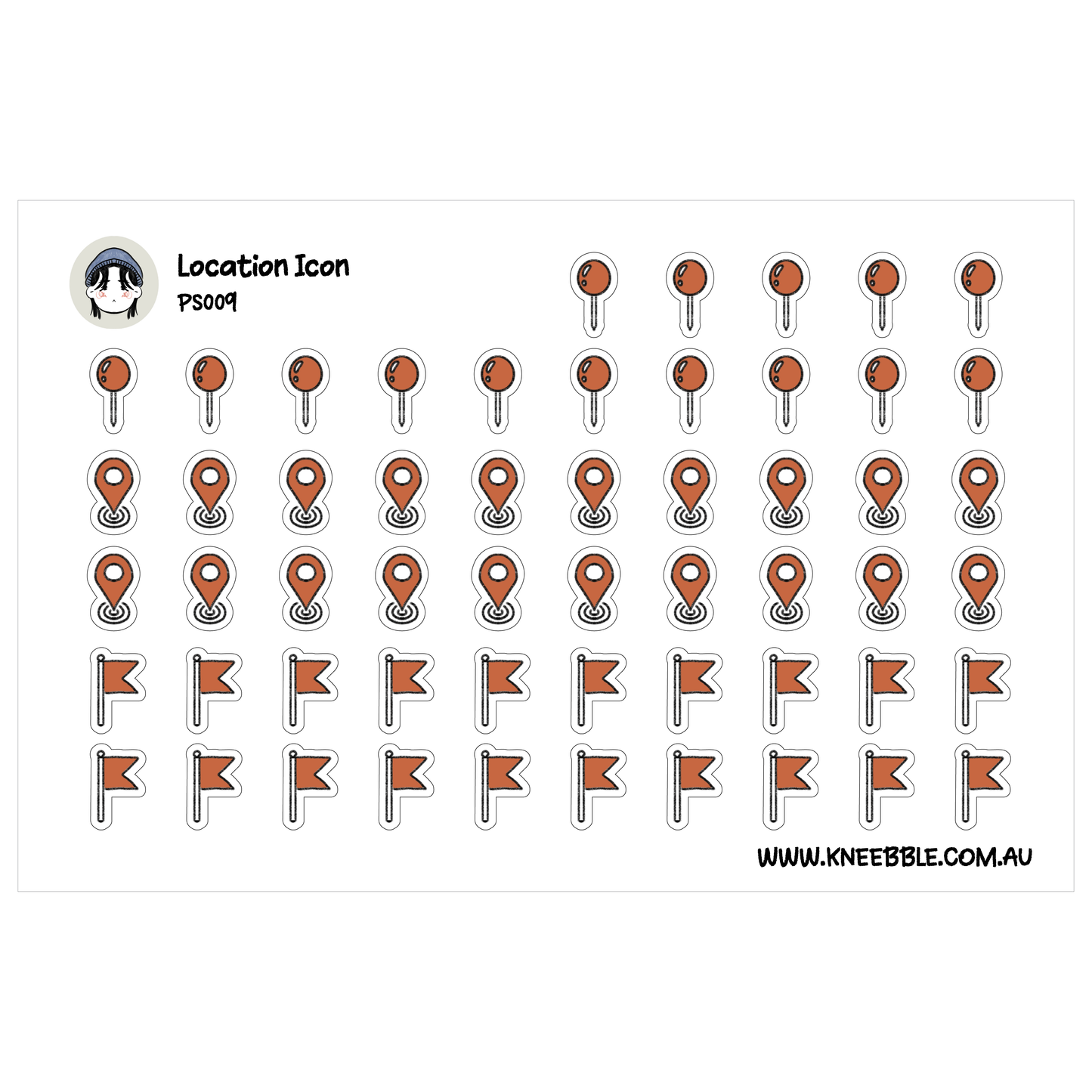 a collection of various icons and symbols, including location markers, flags, and other abstract shapes, arranged in a grid-like pattern.