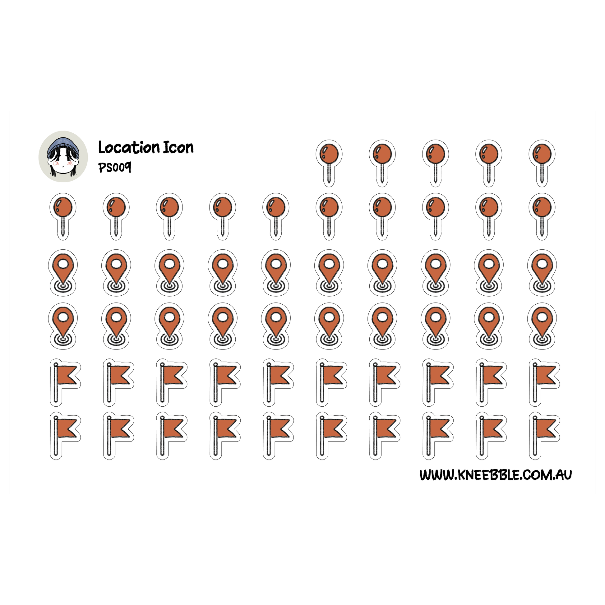 a collection of various icons and symbols, including location markers, flags, and other abstract shapes, arranged in a grid-like pattern.