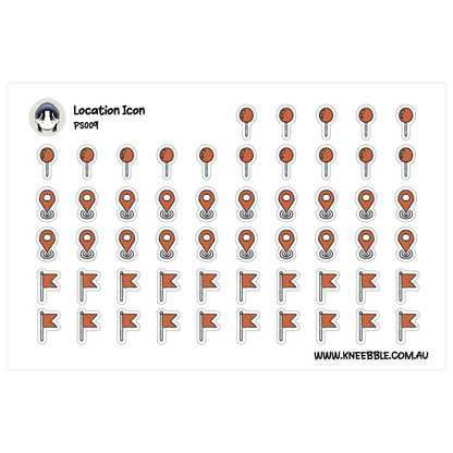 a collection of various icons and symbols, including location markers, flags, and other abstract shapes, arranged in a grid-like pattern.