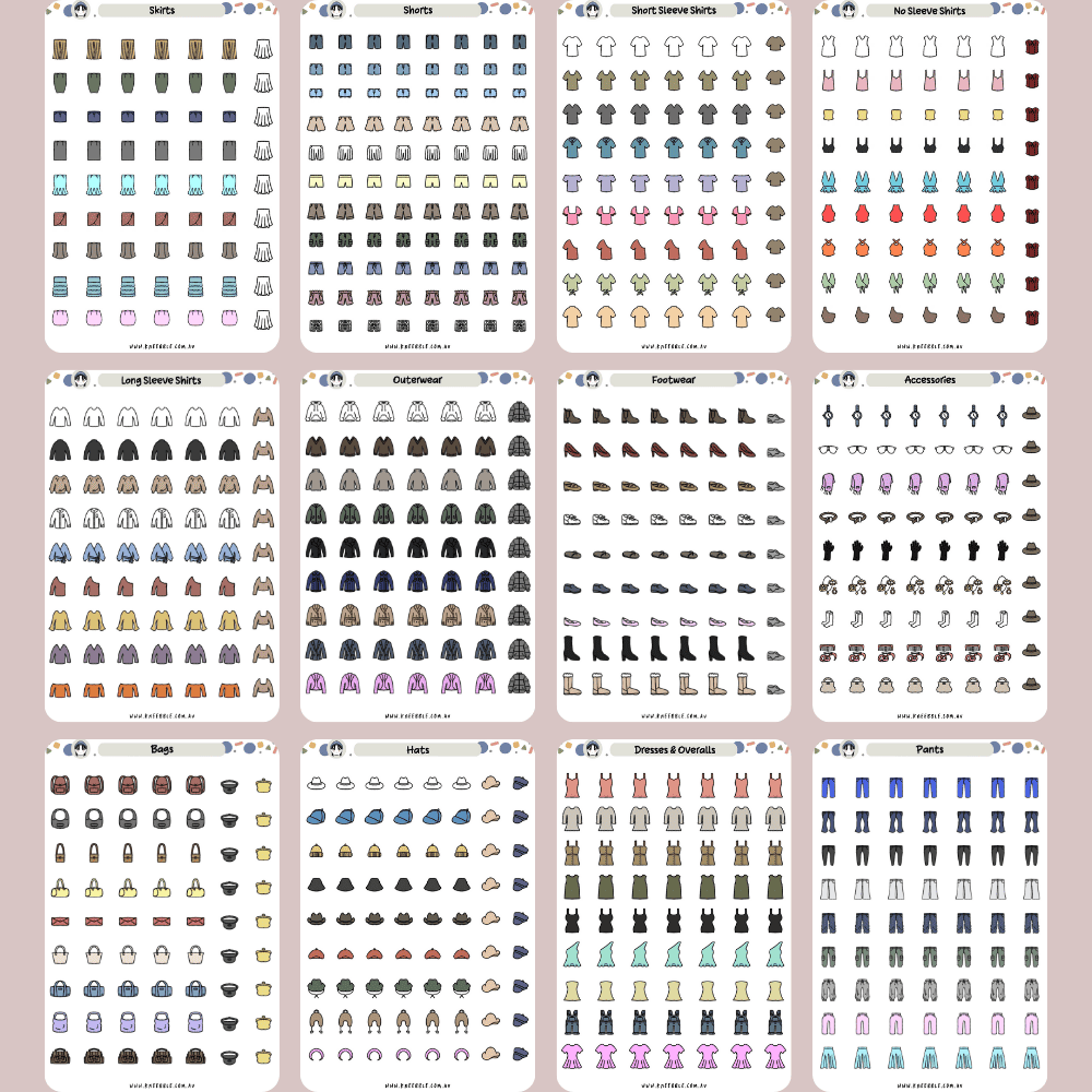 Comes in 12 different sticker sheet styles, to create your ultimate wardrobe capsule for many seasons, outings and events! Includes skirts, shorts, short sleeve shirts, no sleeve shirts, long sleeve shirts, outerwear, footwear, accessories, bags, hats, dresses and overalls and pants.