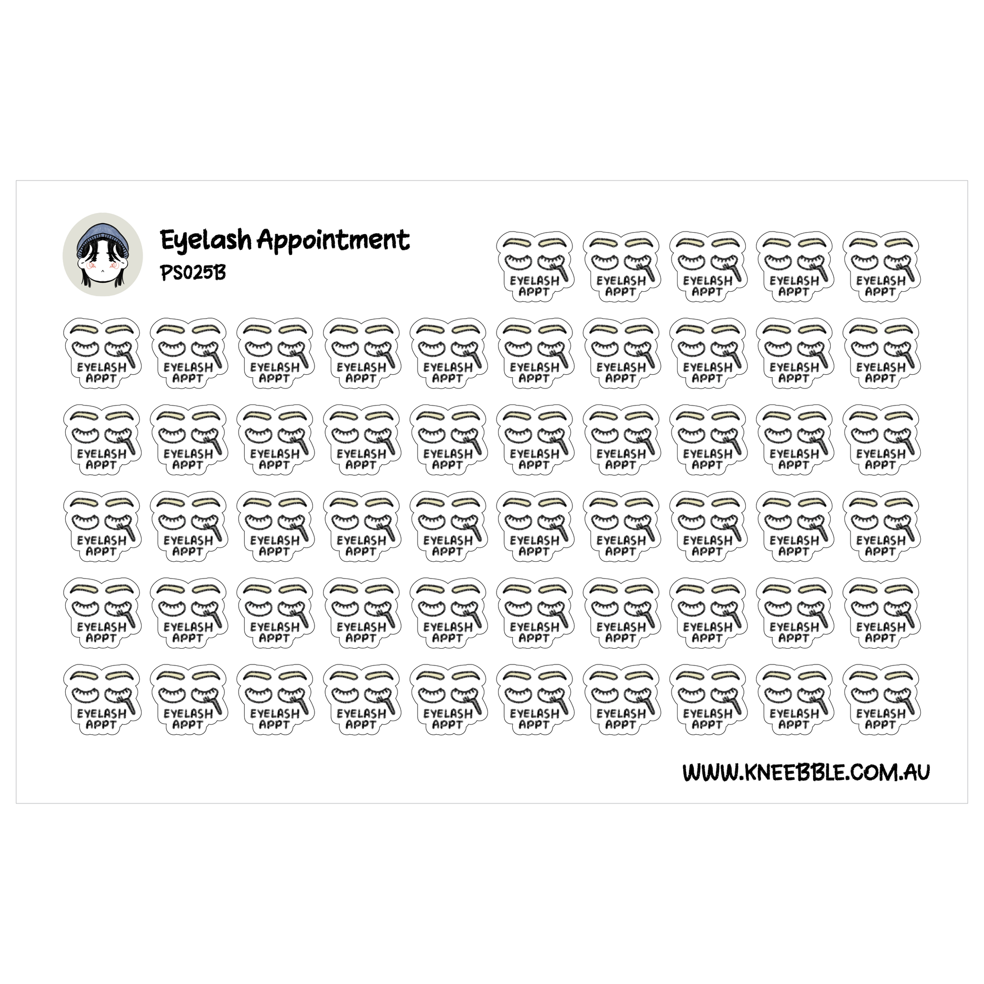 a grid of stickers with the text "Eyelash Appointment" and "Eyelash Appointment" repeated across them.