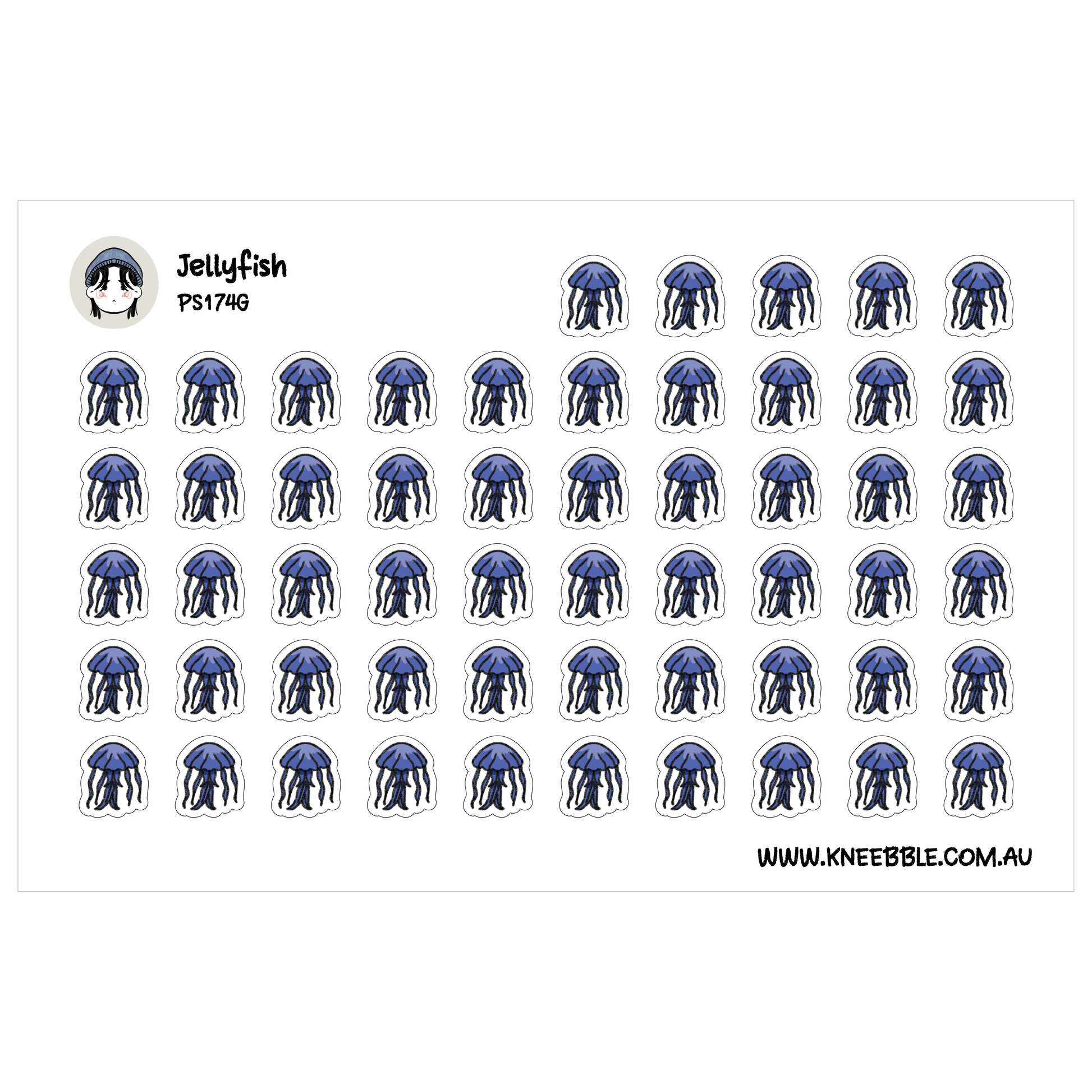 a grid of identical blue jellyfish stickers arranged in a visually pleasing pattern.