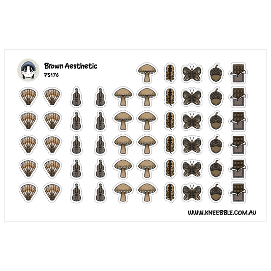 a collection of brown-themed stickers, including mushrooms, butterflies, acorns, and shells, arranged in a grid-like pattern.