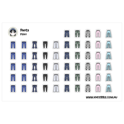 a collection of various colored pants, including blue, black, green, and pink, arranged in rows and columns.