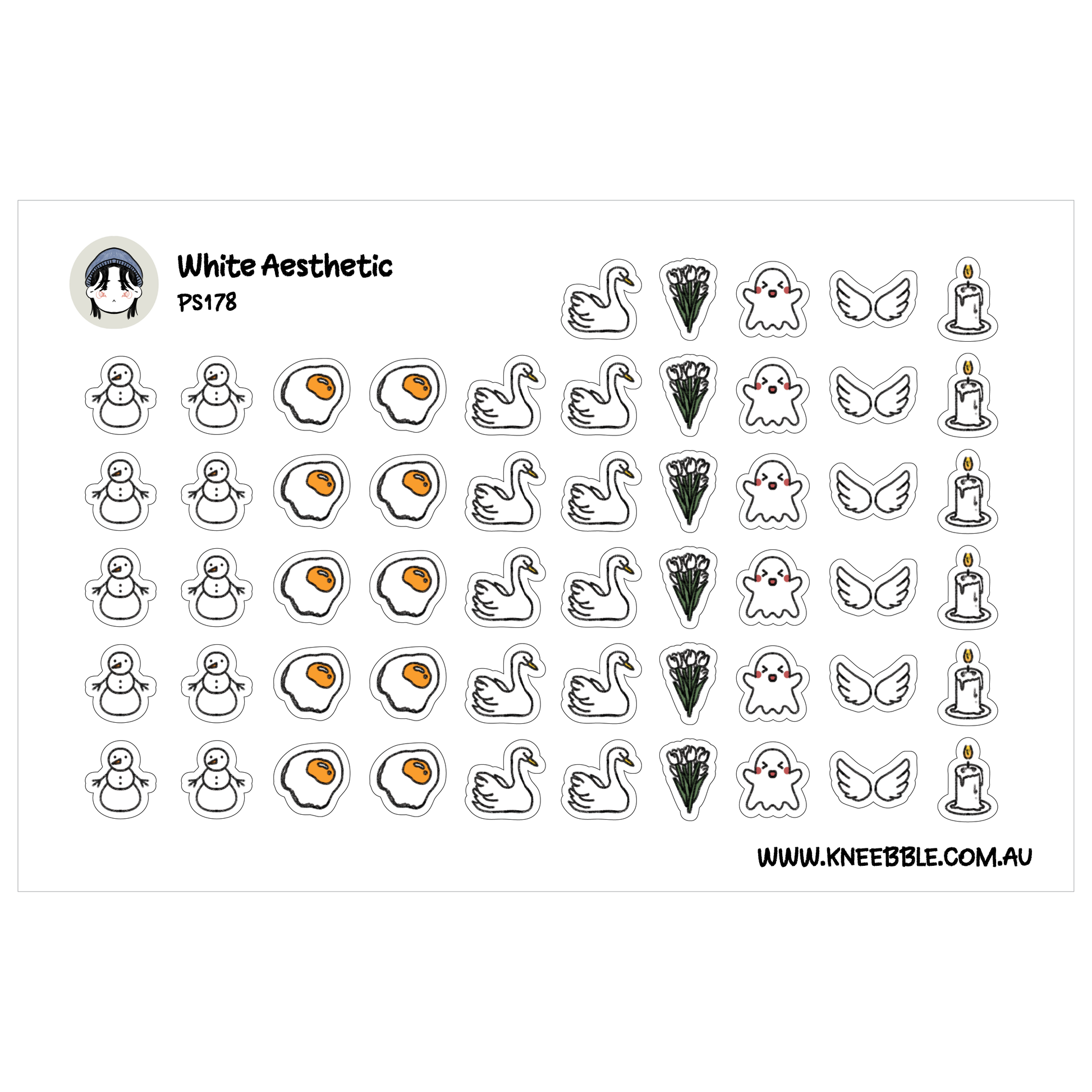 a collection of various stickers, including cartoon-style icons such as a snowman, eggs, swans, and ghostly figures. The stickers are arranged in rows and columns, creating a visually appealing and diverse display.
