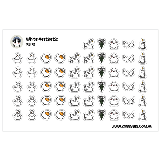 a collection of various stickers, including cartoon-style icons such as a snowman, eggs, swans, and ghostly figures. The stickers are arranged in rows and columns, creating a visually appealing and diverse display.