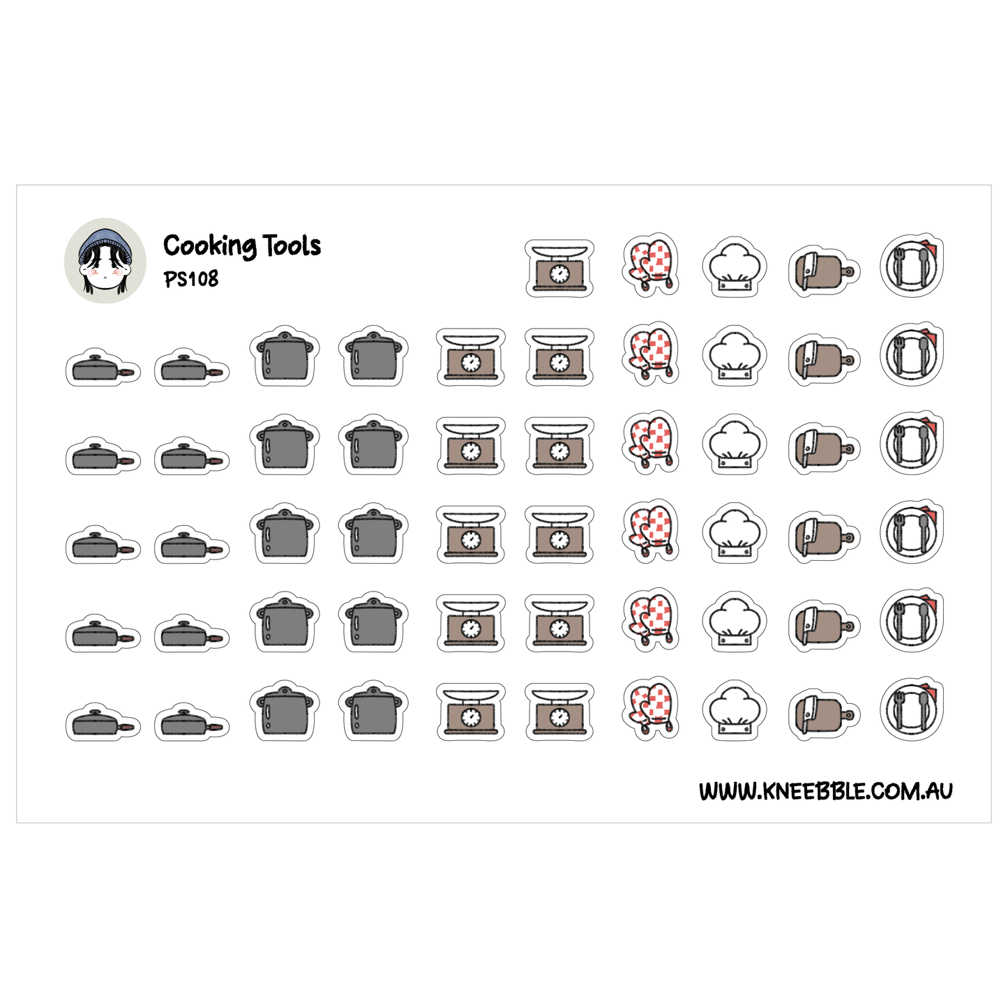 a collection of various cooking tools, including pots, pans, and other kitchen utensils, arranged in rows and columns.